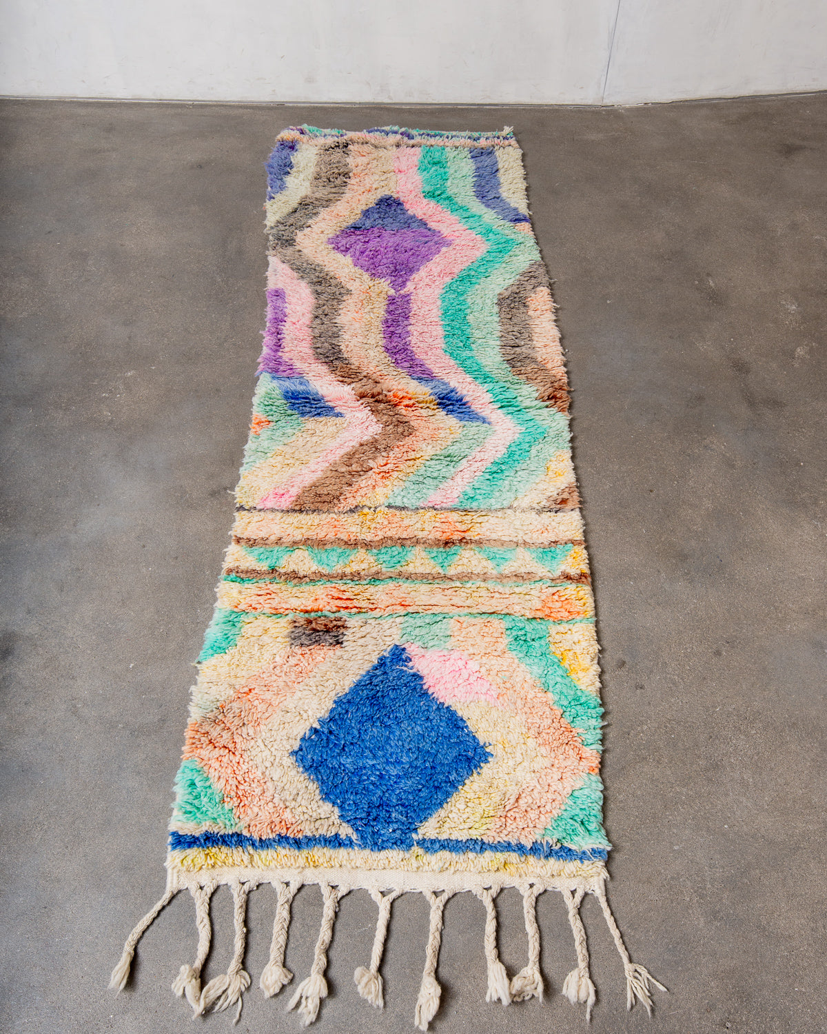 Modern, designer, handcrafted Berber runner rug from Morocco. Vintage carpet with beautiful colours and patterns and fluffy texture.